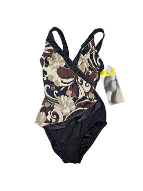 Longitude NWT One-Piece Swimsuit Women's Size 12 Black Beige Brown Floral Print